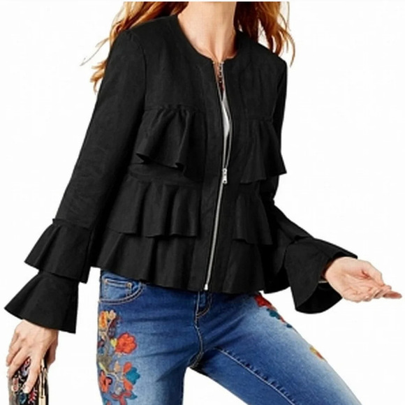 #🌻 129 INC International Concepts Black Ruffle Jacket - Picture 1 of 7